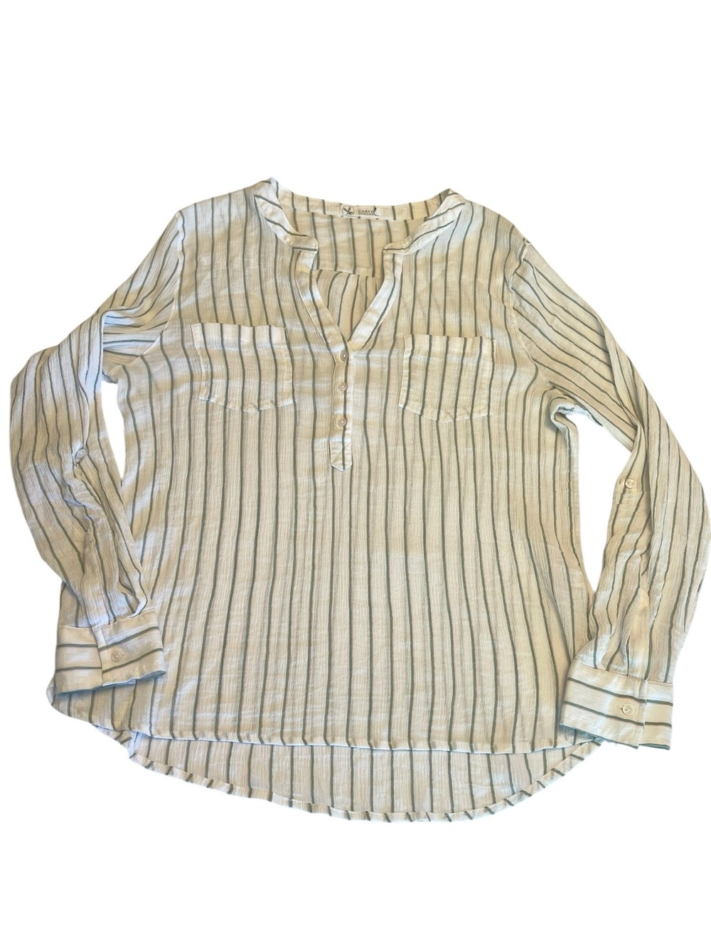 Carve Designs Gauzy Pullover Sage Green & Cream Stripes Blouse size XL